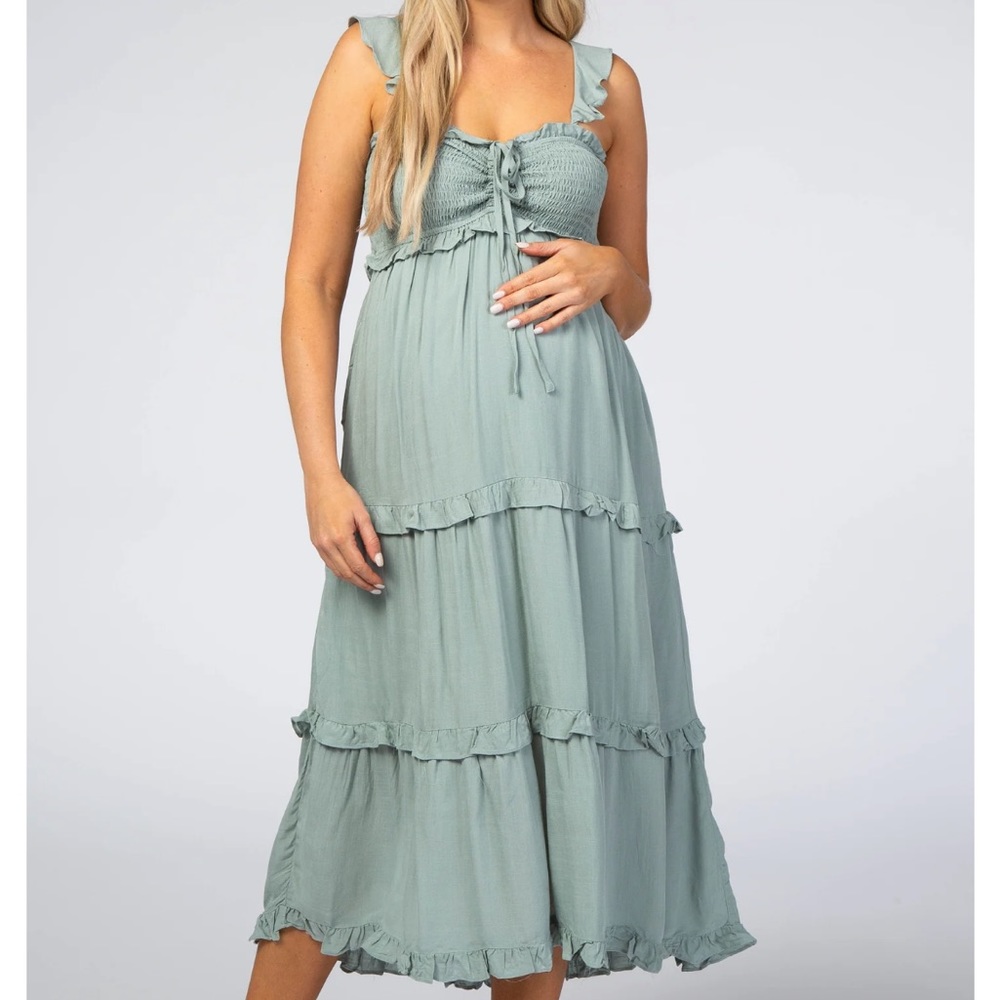 Dusty mint maternity midi dress.